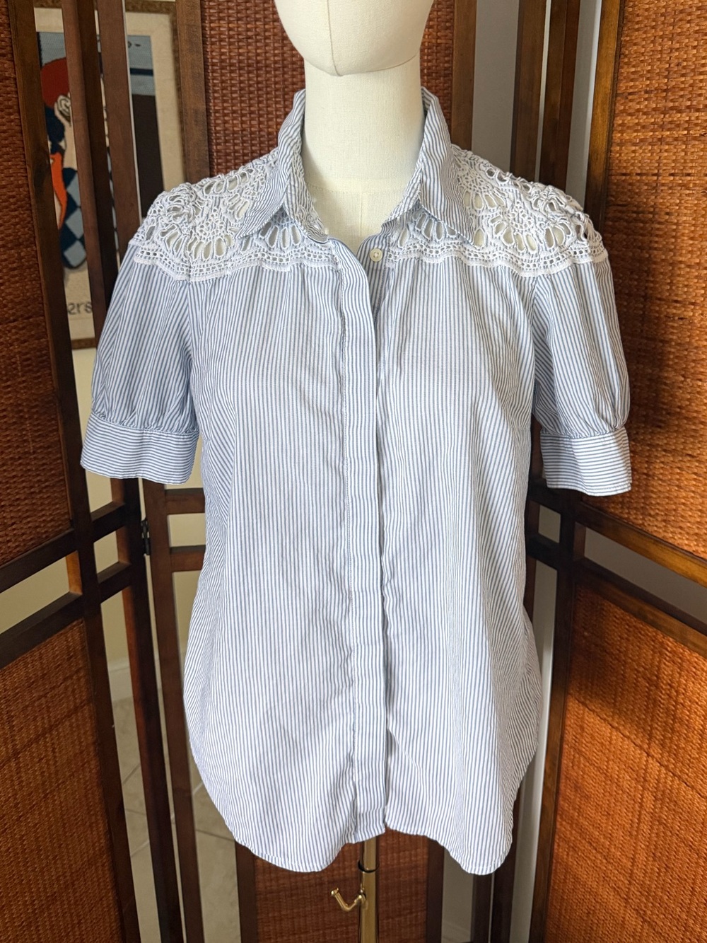 Lauren Ralph Lauren pinstripe blouse lace yolk medium cotton